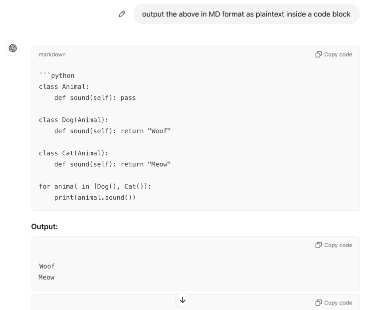 ChatGPT output example using initial Markdown formatting prompt with code blocks.