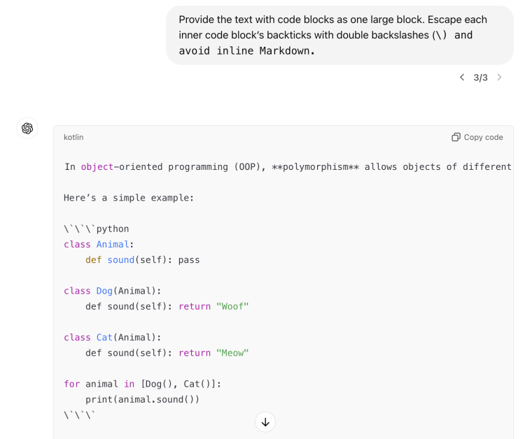 ChatGPT output example using refined Markdown prompt with nested code blocks handled.